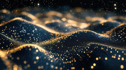 Poster - abstract dark gradient backdrop with glowing dots creating undulating waves mimicking a digital space landscape with bokeh lights
