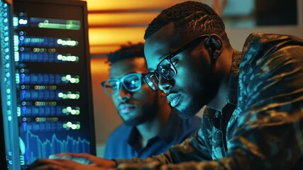 Poster - young black specialists working in a modern server room setting generative ai