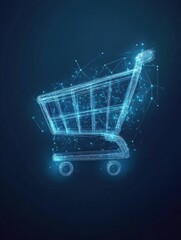 Aufkleber - Sleek shopping cart icon illuminated by digital lines on a deep blue gradient background for a futuristic e-commerce concept