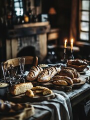 Poster - Rustic wooden table adorned with fresh golden-brown bread, baguettes, and pastries under warm lighting in a cozy setting