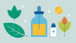 © Justlight - Natural Ingredients A vector illustration showing a few leaf icons and a flower next to the serum bottle representing its natural and soothing components behind the formula.