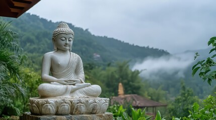 Poster - A meditating Buddha statue sitting on a stone pedestal, framed by gentle fog and green vegetation, with open sky space for content or design