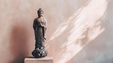 Poster - Bronze Buddha statue with lotus base, standing against neutral wall background with plenty of space around