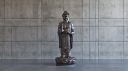Poster - Bronze Buddha statue with lotus base, standing against neutral wall background with plenty of space around