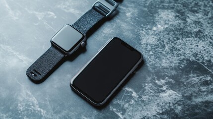 Poster - Smartphone and smartwatch laid out on cool granite background with lighting contrast, modern tech feel