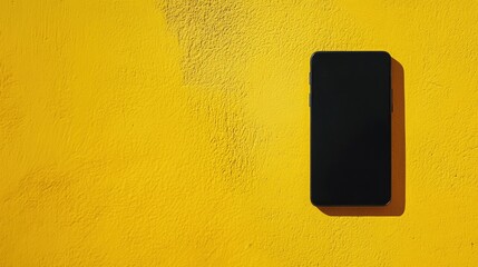 Poster - Top view of modern phone with black blank screen on yellow surface, creative flat lay with vibrant copy space