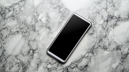 Poster - Top view of touchscreen phone lying flat on marble surface, minimalistic background with elegant copy space