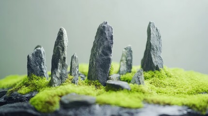Poster - Traditional Japanese Zen garden with rock and moss composition, designed for meditation and harmony with room for text