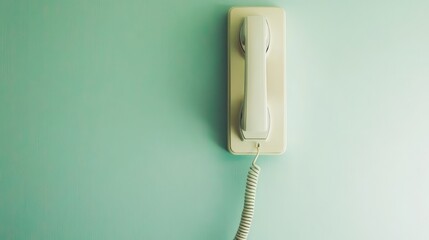Poster - Wall-mounted telephone with coiled cord in minimal interior, simple communication tool layout with clean copy space