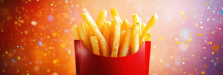 Aufkleber - Enjoy crispy golden french fries in a vibrant red container amidst colorful splashes creating a lively and energetic ambiance