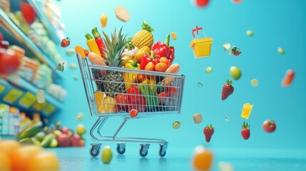 Poster - Overflowing shopping cart filled with colorful produce and organic groceries in a vibrant supermarket setting
