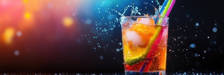 Aufkleber - Vibrant cocktail with colorful straws splashes in mid-air under neon reflections at a tropical party