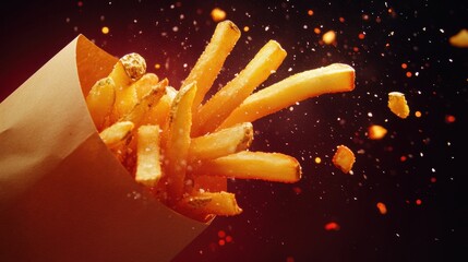 Poster - Crispy golden french fries soar from a playful brown paper bag with vibrant colored lighting illuminating the scene