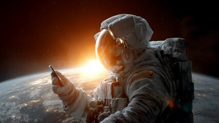 Poster - Astronaut Checking Messages While Floating in Space Above Earth Generative AI