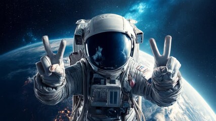 Poster - Astronaut in Front of Earth Showing Peace Sign in Outer Space Generative AI