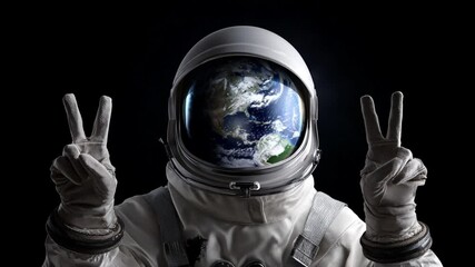 Poster - Astronaut With Earth Reflection in Visor Shows Peace Sign in Space Generative AI
