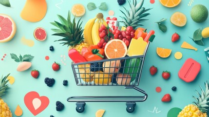 Poster - Shopping cart filled with colorful produce and organic groceries in a vibrant supermarket setting