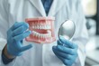© KAMRAN - Dentist holding teeth model and mirror wearing blue gloves and white coat in dental office
