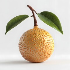 Poster - A detailed close-up image of a unique yellow fruit with a textured surface and vibrant green leaves. The fruit sits against a clean white backdrop. Fruit Isolated on a white background.