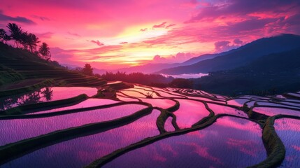 Poster - Surreal sunset over rice terraces with vibrant pink and purple skies reflecting in tranquil waters at dusk