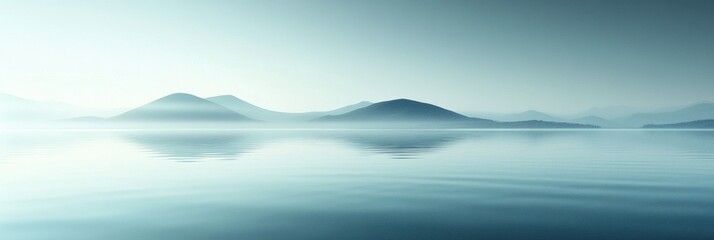 Aufkleber - Soft ripples and reflections create a serene atmosphere on calm water reflecting distant mountains at sunrise in a minimalist setting