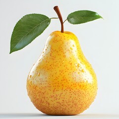 Poster - Close-up of a single, ripe yellow pear with water droplets, set against a plain white background. Fruit Isolated on a white background. A Single, Ripe Pear with a Green Leaf