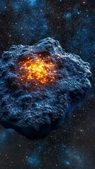 Wall Mural - Volcanic rock formation emerges in deep space, illuminated by glowing lava in a cosmic landscape