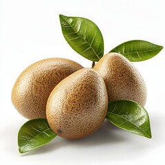 Poster - Three luscious Sapodilla Fruits with vibrant green leaves, isolated on white background. A perfect image for healthy food or tropical themes. Fruit Isolated on a white background.