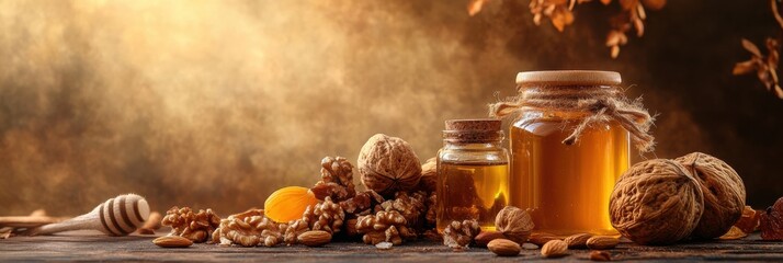Aufkleber - Warm still-life of honey jars with fresh nuts and dried fruits under golden sunlight in a rustic setting