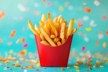 Poster - Golden crispy french fries in a vibrant container among colorful splashes of bright fun decorations