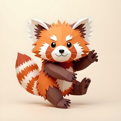 Canvas Print - Playful paper art red panda character with vibrant orange and brown colors on a soft neutral background, 3d rendering of character design concept.