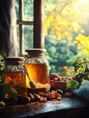 Poster - Warm still life with honey jars, fresh nuts, and dried fruits illuminated by golden sunlight in a cozy setting