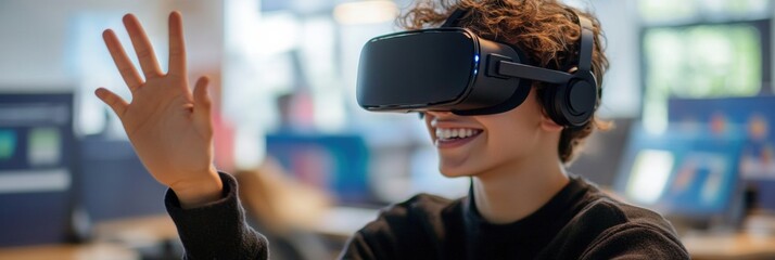 Aufkleber - Student engages in immersive virtual reality learning in a futuristic classroom environment while wearing VR glasses and interacting with 3D content