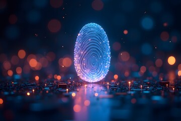 Fototapete - A glowing fingerprint on a dark background with intricate circuit patterns and bokeh lights, representing AI technology