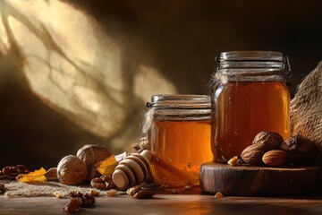 Poster - Warm still-life arrangement featuring honey jars, fresh nuts, and dried fruits illuminated by soft golden sunlight
