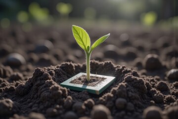 Wall Mural - Sprout Growing from Computer Chip in Soil: Digital Transformation, Sustainable Technology, and Environmental Innovation