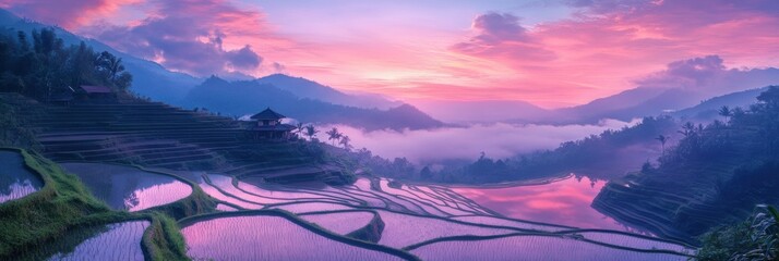 Poster - Surreal sunset over endless rice terraces with vibrant pink and purple skies reflecting in tranquil water