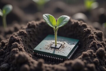 seedling growing on computer chip: sustainable tech & future farming concept with soil and green pla