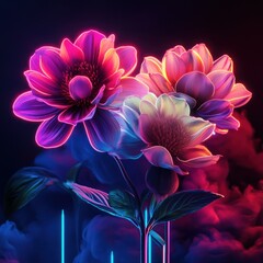 Wall Mural - Illuminated flowers bloom brightly with neon colors against a dark background
