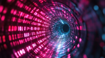 An abstract tunnel displaying binary data and colorful lighting effects