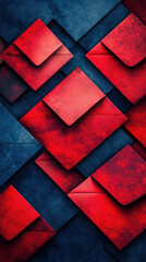 Poster - A red and blue image of a stack of red envelopes. The image is a collage of different colored squares, with the red envelopes being the main focus. Scene is playful and whimsical