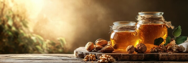 Poster - Warm still-life of honey jars, fresh nuts, and dried fruits illuminated by golden sunlight