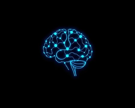 Futuristic Neural Network Design of  a minimalist logo featuring interconnected neurons with glowing, electric-blue lines forming a brain shape, set against a dark gradient background.