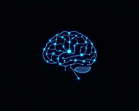 Futuristic Neural Network Design of  a minimalist logo featuring interconnected neurons with glowing, electric-blue lines forming a brain shape, set against a dark gradient background.