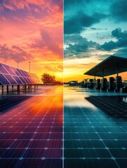 Poster - Bright solar panels contrast with vibrant gasoline concepts in a striking eco-energy split background showcasing two futures at sunset