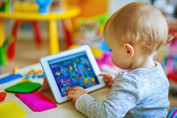 Poster - engaging young child learns with tablet at a colorful study desk in a cozy setting filled with schoo