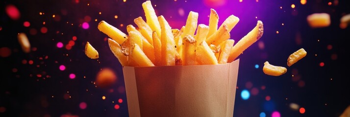 Poster - Crispy golden french fries fly out of a brown paper bag under dramatic colored lighting in slow motion