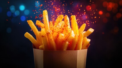 Aufkleber - Crispy golden french fries flying from a paper bag under colorful dramatic light in slow motion