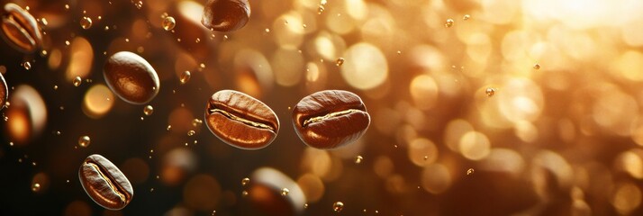 Poster - Dreamy golden coffee drops dance in soft light, creating a luxurious abstract background for high-end aesthetics