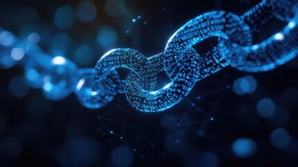 A digital illuminated chain composed of binary code in blue hues
